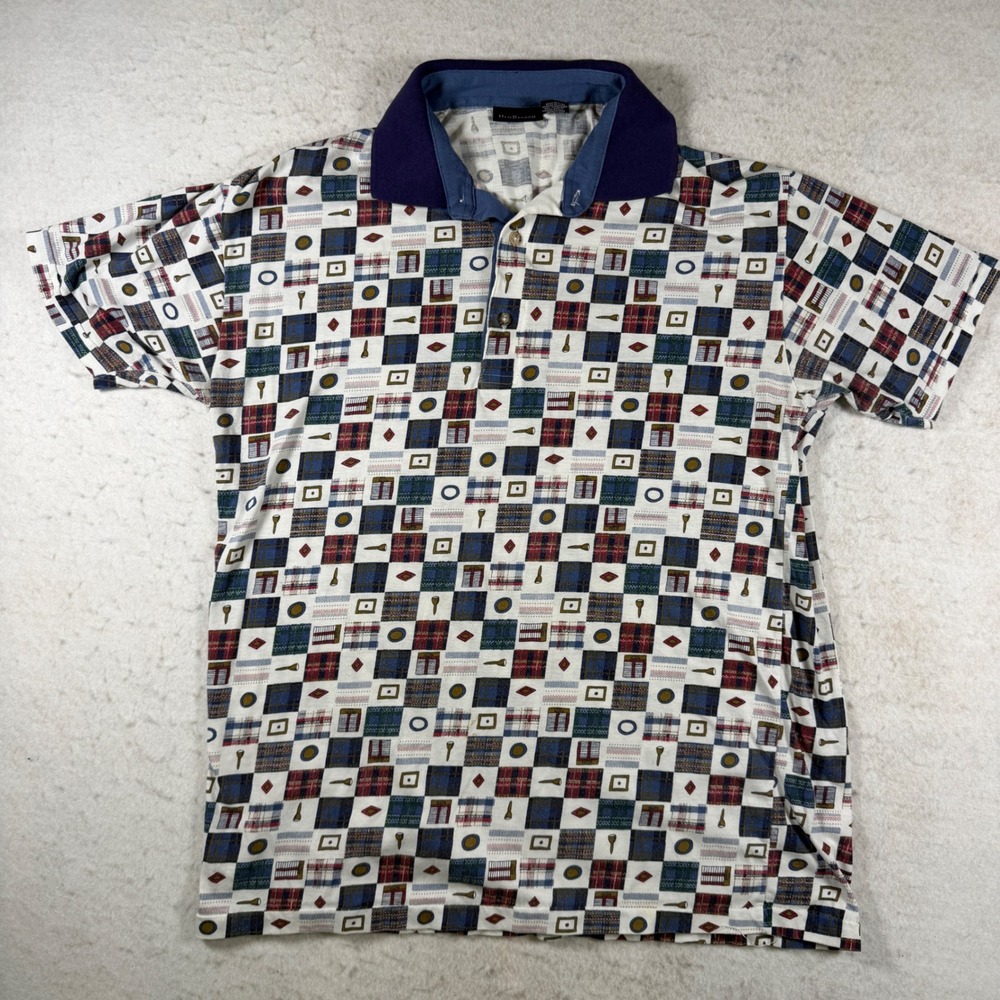 Van Heusen Mens Large Polo Shirt Short Sleeve Golf Geometric Plaid Print Blue L‎
